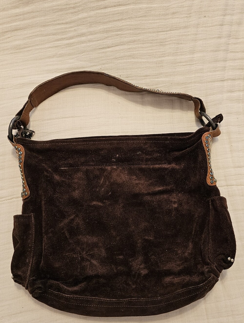 LeatherRock USA Slouchy Brown Suede Shoulder Bag w/ Crystal Handle - Picture 1 of 11